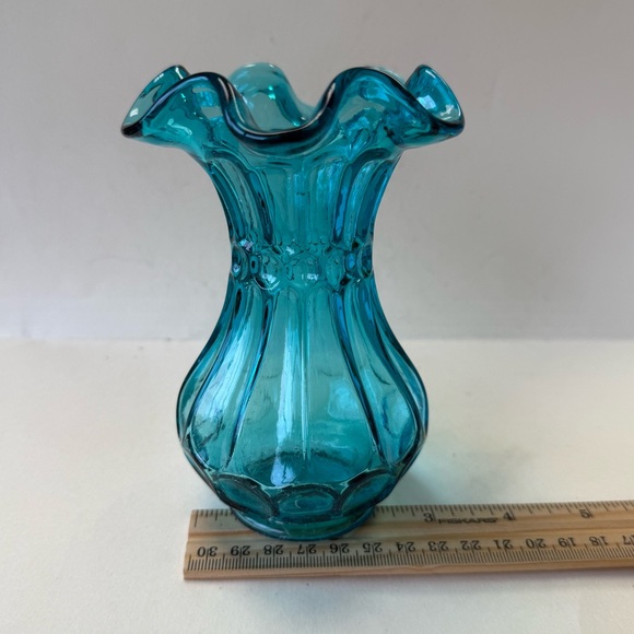 Vintage Fenton Flute and Dot Turquoise Teal Blue Glass Vase - Picture 6 of 8